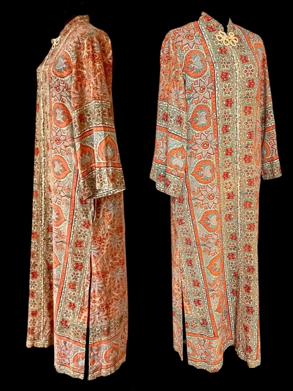 Vintage Maxi Caftan Robe Cotton Paisley Block Print 1970s Boho Hippie Kaftan - Picture 3 of 12